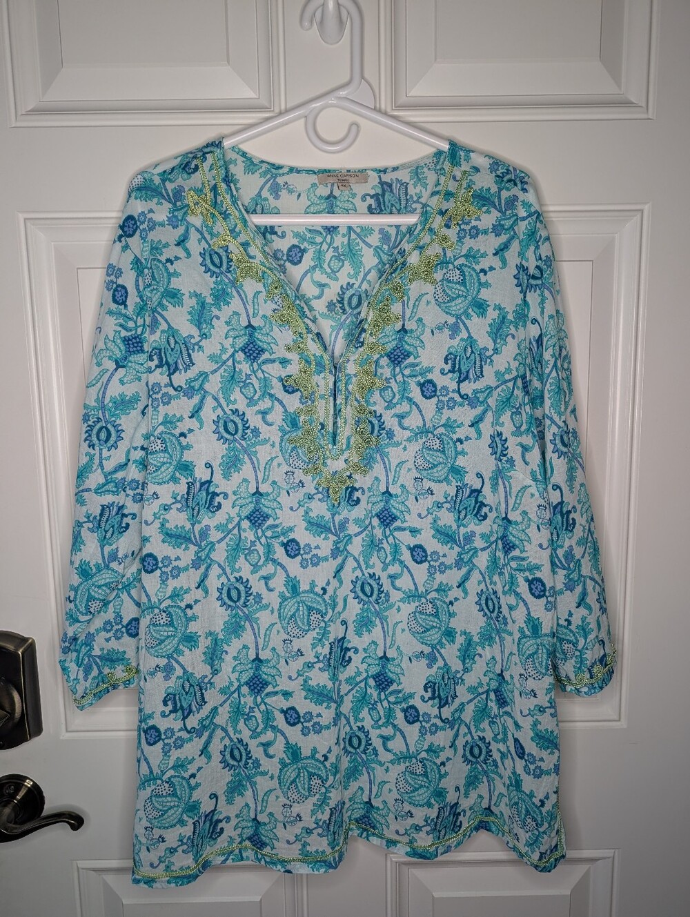 Anne Carson White Blue Floral Embroidered Women's 2X Tunic Cotton Flowy Top